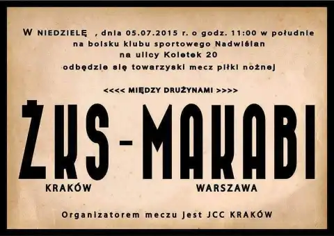 Ogłoszenie o meczu Makabi z drużyną ŻKS Kraków, Autor: Makabi Warszawa, Źródło: Materiał Własny